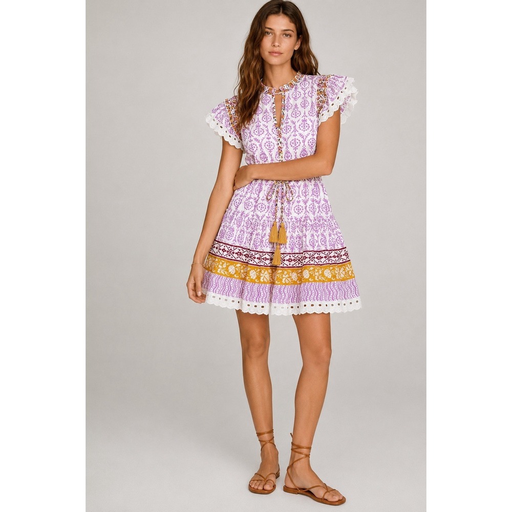 Charlee Garrott Dress XS White Purple Floral Block  Mini Cotton Eyelet Boho $188